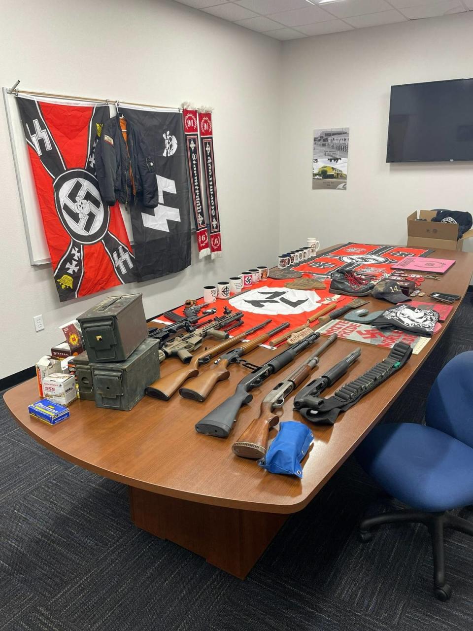 Evidence seized by authorities in Fresno, California, with five suspects accused in a series of bombings includes Nazi paraphernalia, Fresno Police Chief Paco Balderrama said during a news conference Wednesday, March 1, 2023.