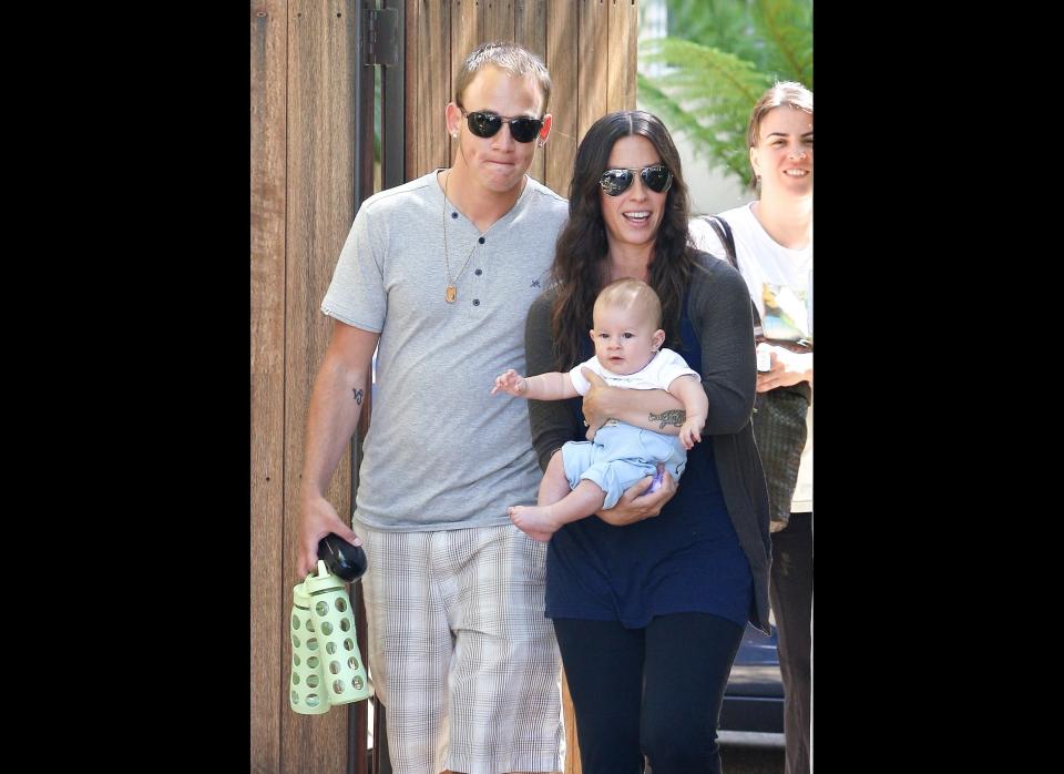 Alanis Morissette leaves her home in Los Angeles with her hubby Mario and their 4-month-old son Ever. 