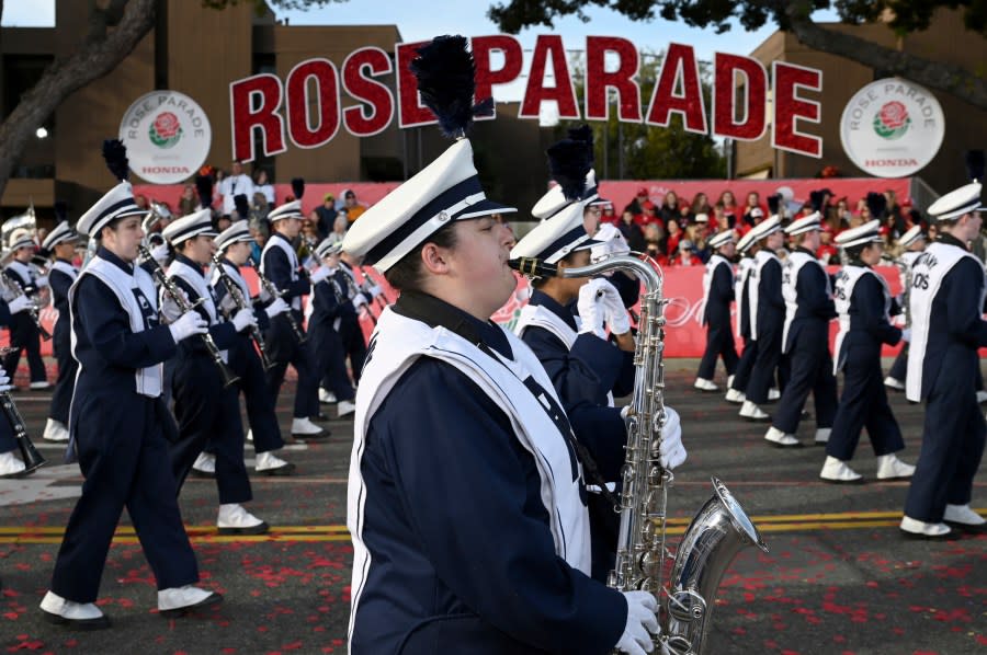 The Pennsylvania State University Marching Blue Band performs at the 134th Rose Parade in Pasadena, Calif., Monday, Jan. 2, 2023. (AP Photo/Michael Owen Baker)