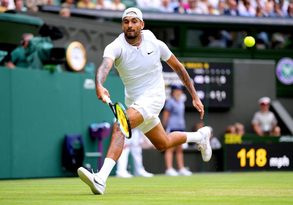 Nick Kyrgios in action during his Gentlemen’s singles fourth round match against Brandon Nakashima (PA) (PA Wire)