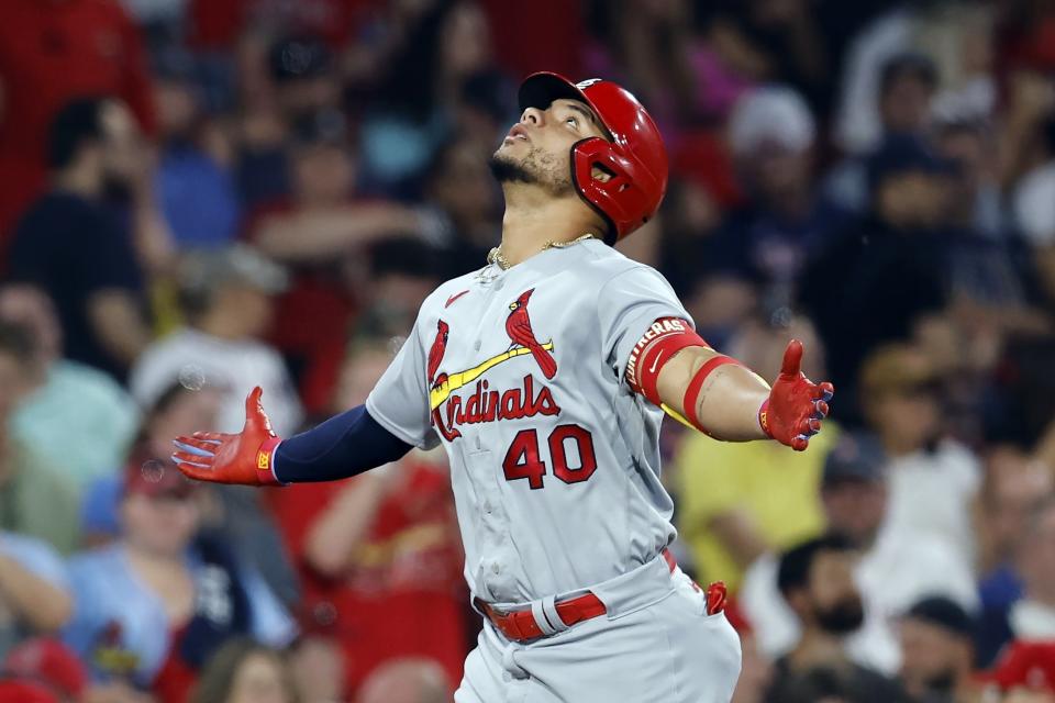 St. Louis Cardinals' Willson Contreras celebrates after his solo home run during the sixth inning of a baseball game against the Boston Red Sox, Friday, May 12, 2023, in Boston. (AP Photo/Michael Dwyer)
