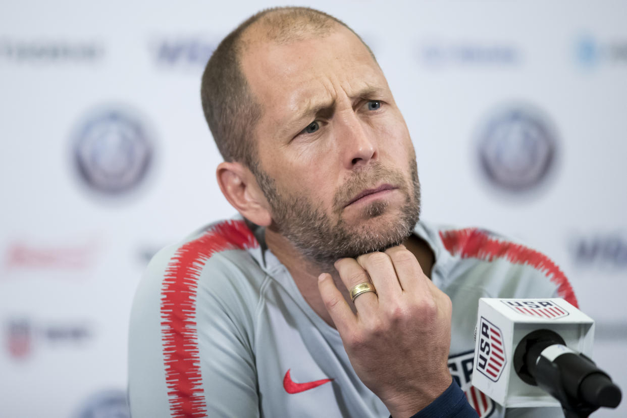 EAST RUTHERFORD, NJ - JULY 26: Gregg Berhalter Head Coach of the United States with his hand on his chin as he answers questions during the press conference before the Friendly match between the United States Men's National Team and Mexico.  The press conference was held at the Archer Hotel on September 05, 2019 in Florham Park, NJ USA.  (Photo by Ira L. Black/Corbis via Getty Images)
