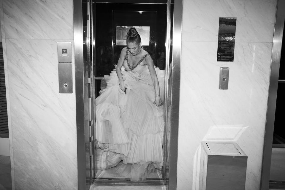 Maja Malnar enters the elevator at the Martinez hotel during the 75th international film festival, Cannes, southern France, Saturday, May 21, 2022. (AP Photo/Petros Giannakouris)