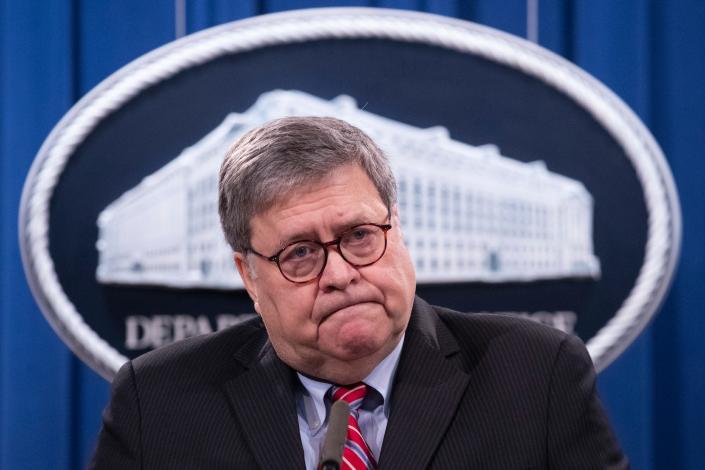 Attorney General William Barr speaks during a news conference, Monday, Dec. 21, 2020 at the Justice Department in Washington