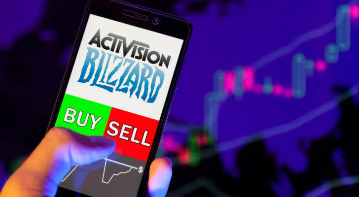 Activision Blizzard (ATVI logo on an iPhone with "buy" and "sell" buttons underneath