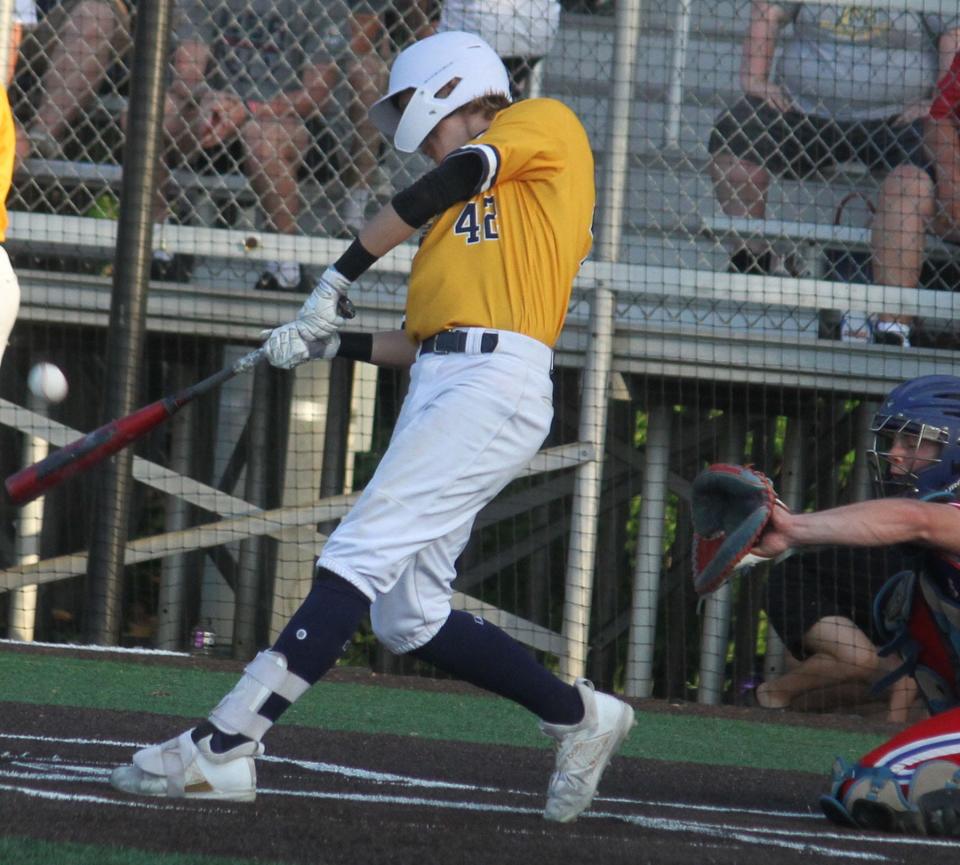 Mooresville senior Jack Robinson hits a homerun during Monday's IHSAA Sectional championship game against Martinsville.