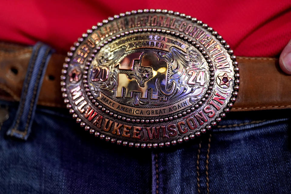 Closeup of belt buckle (Al Drago / Bloomberg via Getty Images)