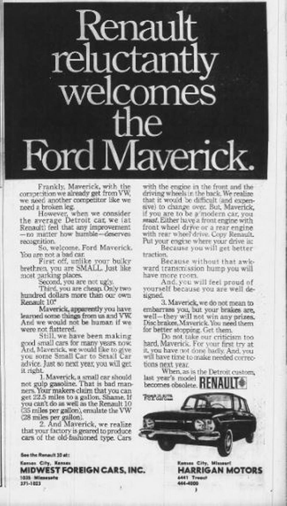 Renault “welcomes” the Ford Maverick, made in Kansas City, with a lampoon ad in The Kansas City Star on April 17, 1969