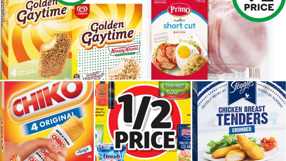 Ice cream, bacon, chicken tenders and Chicko rolls selling as half-price specials at Woolworths and Coles.