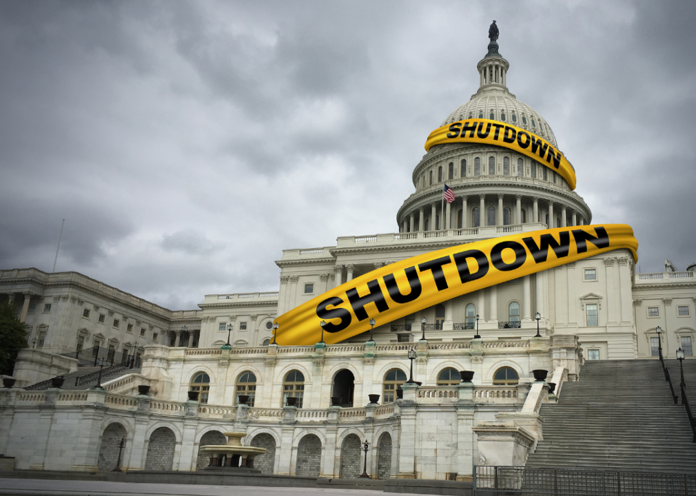 The Capital Building with police tape around it reading 'shutdown'