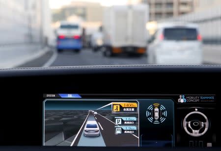 FILE PHOTO: An onboard display monitor shows other vehicles as a staff member of Toyota Motor Corp drives its self-driving technology "Mobility Teammate Concept" prototype car hands-free on the Metropolitan Expressway during the Toyota Advanced Technologies media preview in Tokyo, Japan, October 8, 2015. REUTERS/Yuya Shino/File Photo