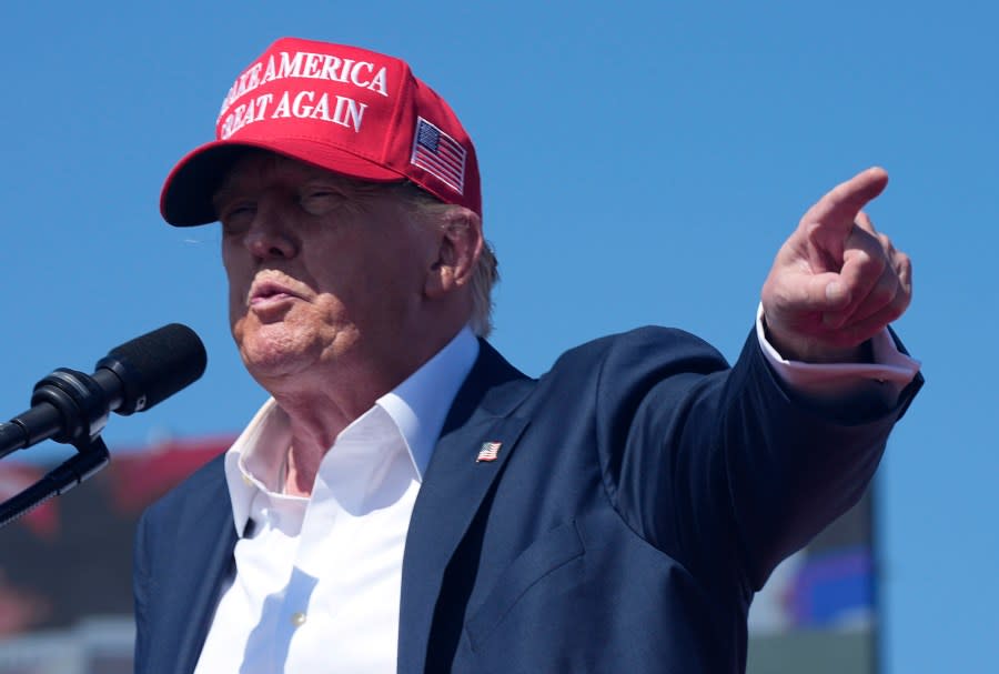 Republican presidential candidate former President Donald Trump speaks at a campaign rally in Chesapeake, Va., Friday, June 28, 2024. (AP Photo/Steve Helber)