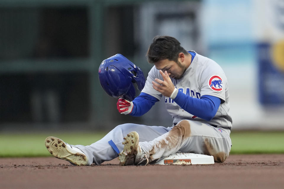 Chicago Cubs' Seiya Suzuki reacts after being tagged out trying to steal second base during the first inning of the team's baseball game against the San Francisco Giants in San Francisco, Friday, June 9, 2023. (AP Photo/Jeff Chiu)