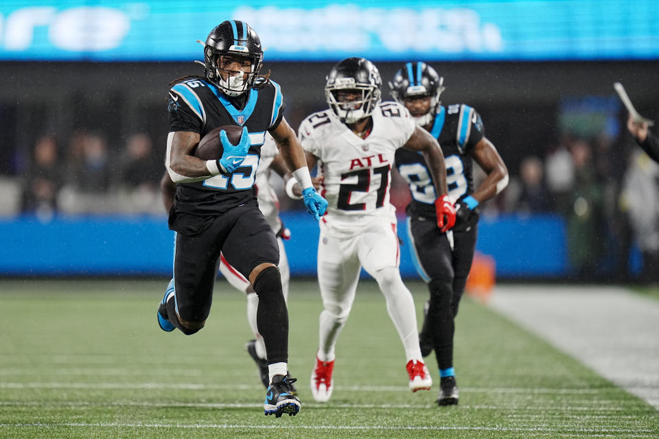 Carolina Panthers wide receiver Laviska Shenault Jr. runs for a touchdown against the Atlanta Falcons during the first half of an NFL football game on Thursday, Nov. 10, 2022, in Charlotte, N.C. (AP Photo/Rusty Jones)