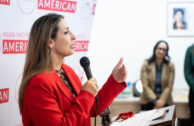 Republican National Committee chair Ronna McDaniel speaks Tuesday during a volunteer appreciation event at the Asian Pacific American Community Center in Westminster, California.