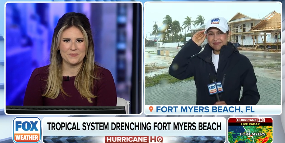 Not to be outdone by The Weather Channel's Southwest Florida arrival, Fox Weather dispatched its own crew June 12, 2024 to Fort Myers Beach led by Nicole Valdes. She withstood the tropical disturbance's rain pelting and wind whipping, at times amusing anchor Jane Minar.