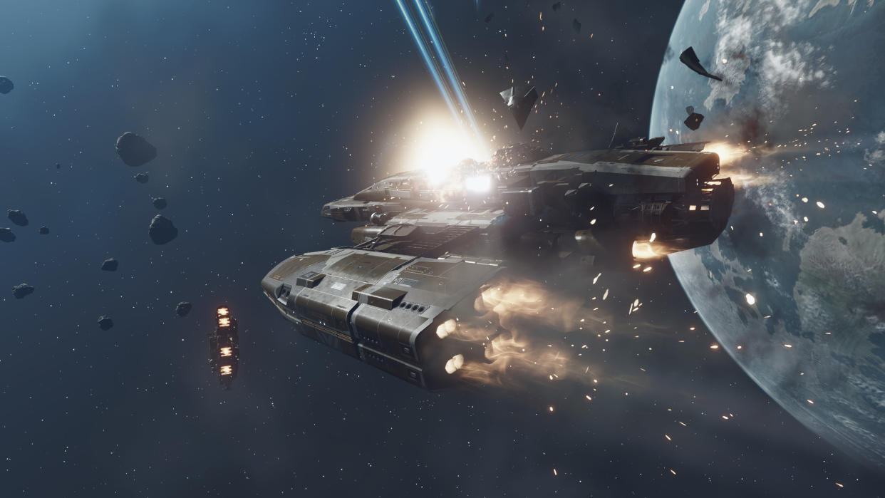  Starfield — a heavily-damaged spaceship is raked by laser fire. 