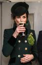 <p>The royal accessorised with a matching green hat and heels and finished off the look with a delicate pair of gold and green onyx Monica Vinader earrings. <em>[Photo: Getty]</em> </p>