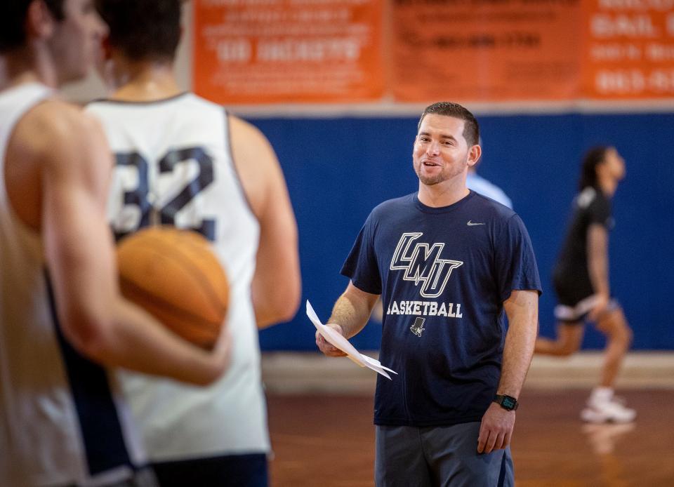 Former Bartow High School basketball player Jeremiah Samarrippas  runs basketball practice for his Lincoln Memorial University Mens basketball team in the Bartow High gym in Bartow Fl Thursday November 3,2022. Samarrippas.was a player on a championship Bartow team and was the 5A Player of the Year where he led the team to a championship. He's now the coach of Lincoln Memorial and his team is playing in the Hall of Fame Classic at Florida Southern this weekend.Ernst Peters/The Ledger