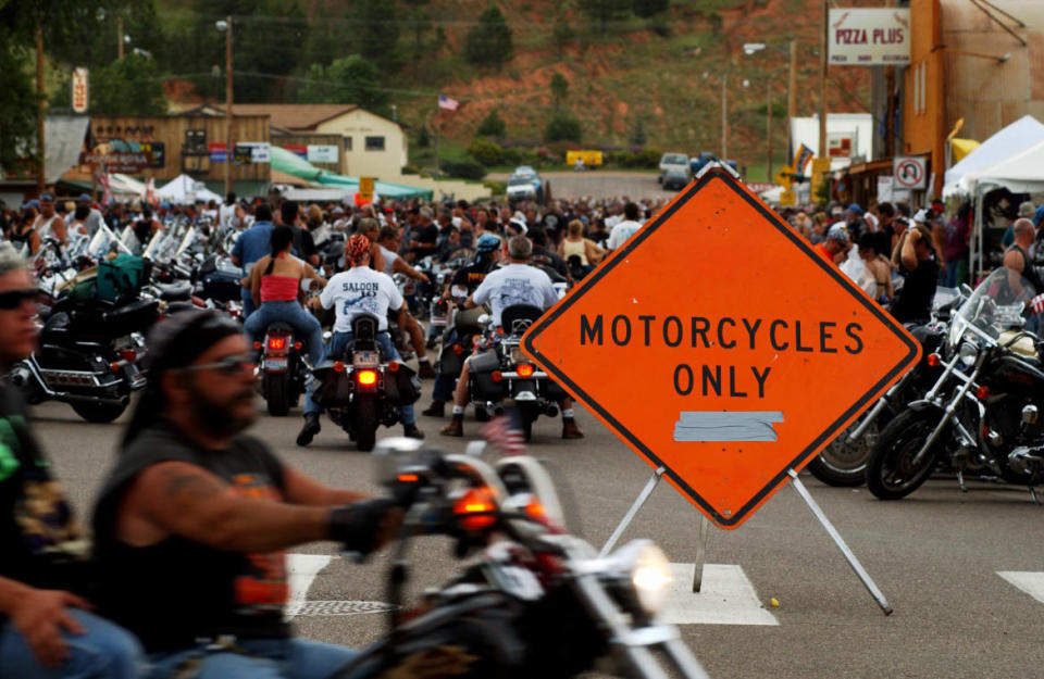 <div class="inline-image__caption"><p>Only motorcycles are allowed into the center of tiny town of Hulett, WY which is overun by cyclists from the 61st annual Sturgis Motorcycle Rally, August 8, 2001, held in Sturgis, SD. </p></div> <div class="inline-image__credit">David McNew/Getty</div>
