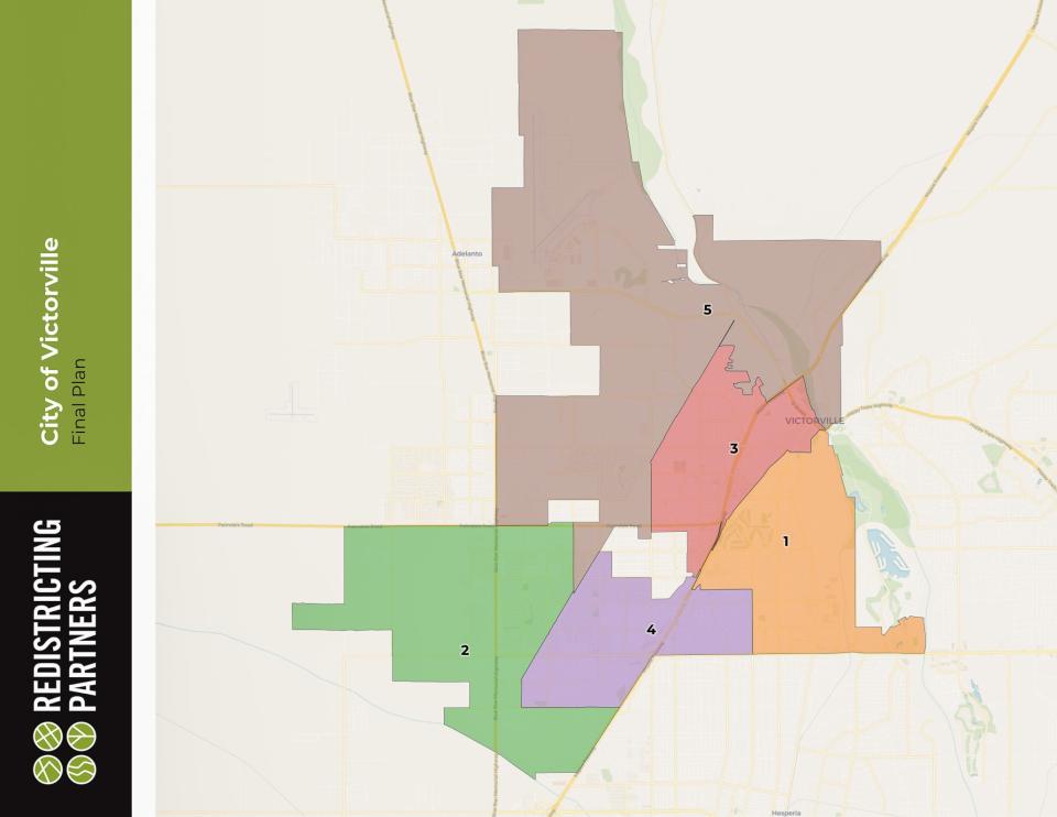 A map shows five voting districts adopted by the city of Victorville on Wednesday, Dec. 22, 2021.