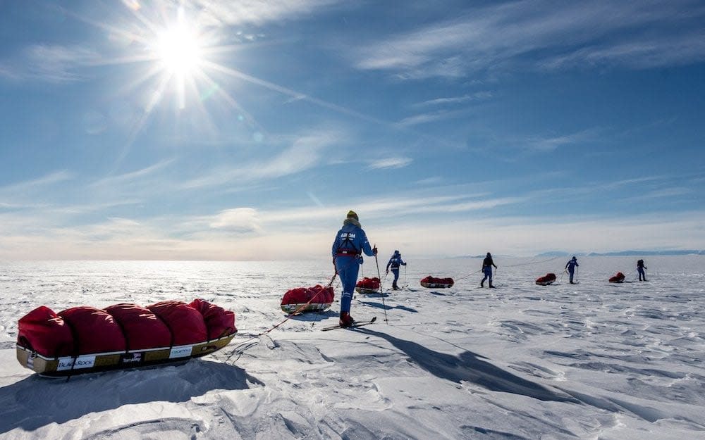 The British Army team of six women became the first all-female team to cross Antarctica using only muscle power - PA