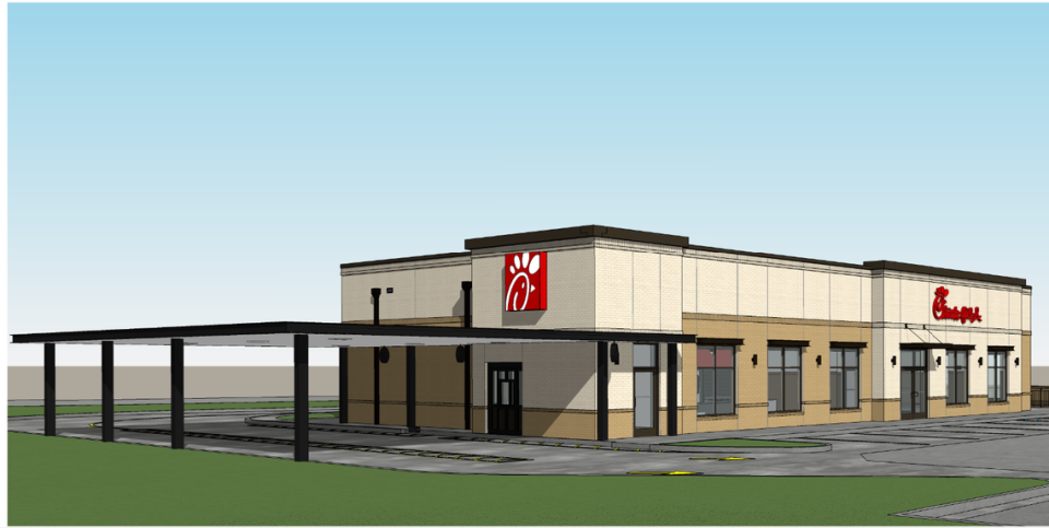 The Chick-fil-A at 1600 Sam Nunn Blvd. in Perry is moving down the street just west of Interstate 75 at 1363 Sam Nunn Blvd. Here’s a rendering from a planning document submitted to the city of Perry.