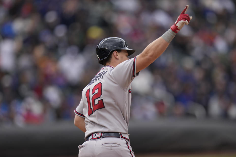 Atlanta Braves' Sean Murphy reacts after hitting a three-run homer during the seventh inning of the first baseball game of a doubleheader against the New York Mets at Citi Field, Monday, May 1, 2023, in New York. (AP Photo/Seth Wenig)