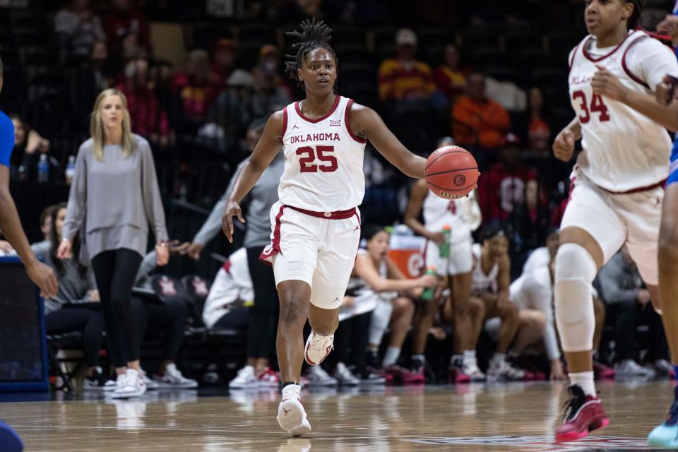 OU guard Madi Williams (25) scored 19 points Friday against Kansas in the Big 12 quarterfinals in Kansas City, Mo.