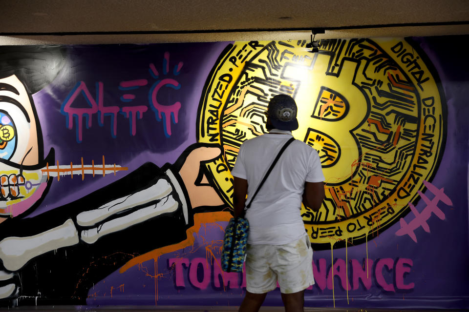 MIAMI, FLORIDA - JANUARY 19: A mural is painted on a wall during the North American Bitcoin Conference held at the James L Knight Center on January 19, 2022 in Miami, Florida.  The North American Bitcoin Conference was a three-day event that brought people together to listen to people involved in Bitcoin, NFTs, Metaverse, Defi, DAOs, Stablecoins, Blockchain and more.  (Photo: Joe Raedle/Getty Images)