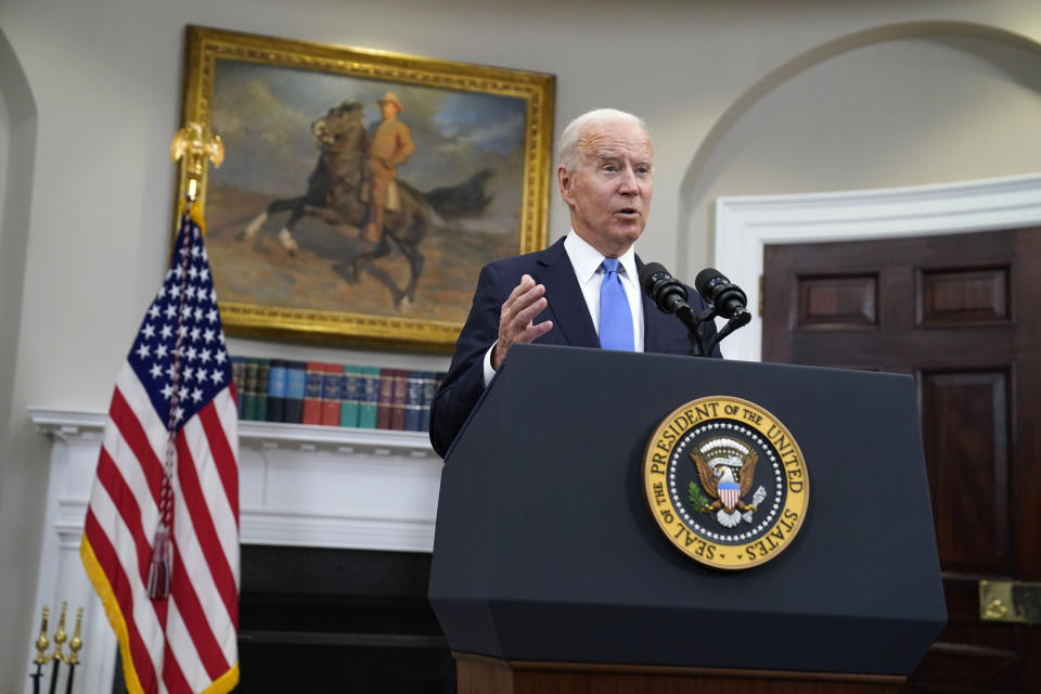 President Joe Biden delivers remarks about the Colonial Pipeline hack, in the Roosevelt Room of the White House, Thursday, May 13, 2021, in Washington. (AP Photo/Evan Vucci)