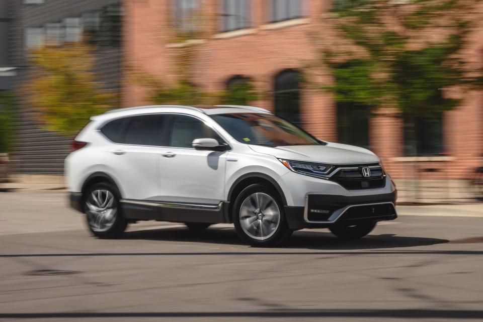 <p><strong>What We Think:</strong> The 2022 <a href="https://www.caranddriver.com/reviews/a35639550/2021-honda-crv-hybrid-touring-reliability-maintenance/" rel="nofollow noopener" target="_blank" data-ylk="slk:Honda CR-V Hybrid;elm:context_link;itc:0;sec:content-canvas" class="link ">Honda CR-V Hybrid</a> won't get anyone's blood pumping, but its capacious interior and fuel-efficient gasoline-electric hybrid powertrain make it a compelling compact SUV. In fact, it's one of our favorites, earning a spot on our 2022 Editors' Choice list. The <a href="https://www.caranddriver.com/honda" rel="nofollow noopener" target="_blank" data-ylk="slk:Honda;elm:context_link;itc:0;sec:content-canvas" class="link ">Honda</a> isn't necessarily fun to drive, but it steers and stops without any fuss. Its ride is also relaxing on long hauls. Family road trips will also require fewer fill-ups than many other SUVs thanks to the CR-V's noteworthy fuel economy. A host of standard active safety features and popular tech options help it compete with newer rivals. While the 2022 CR-V isn't the flashiest or classiest in this hotly contested segment, it's still one of the most satisfying and talented entrants, making it one of the best hybrid SUVs sold today.<br></p><ul><li><em>Car and Driver </em>rating: 9/10</li><li>EPA-combined fuel economy: 38 mpg</li></ul><p><a class="link " href="https://www.caranddriver.com/honda/cr-v" rel="nofollow noopener" target="_blank" data-ylk="slk:Review, Pricing, and Specs;elm:context_link;itc:0;sec:content-canvas">Review, Pricing, and Specs</a></p>