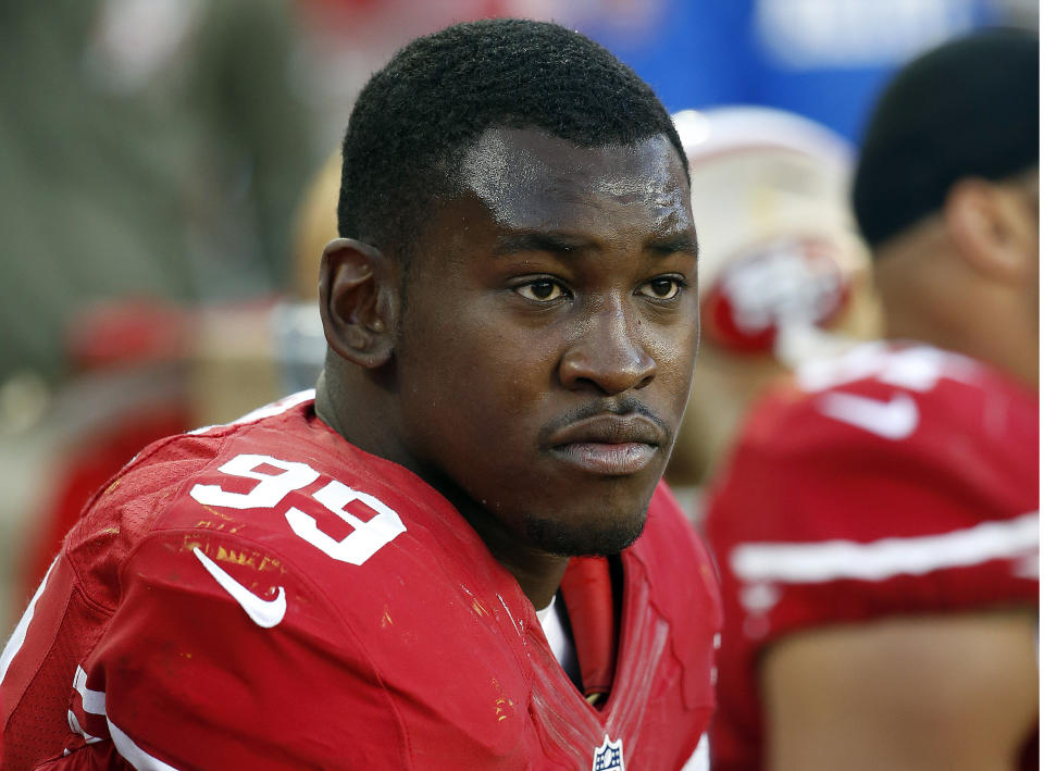 Former San Francisco 49ers and Oakland Raiders linebacker Aldon Smith struggled without football. (AP Photo/Tony Avelar, File)