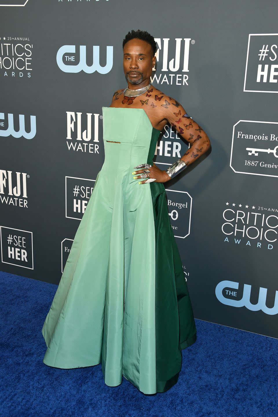 <p>Billy Porter steals the thunder in this two-tone teal jumpsuit by Hogan McLaughlin.</p>