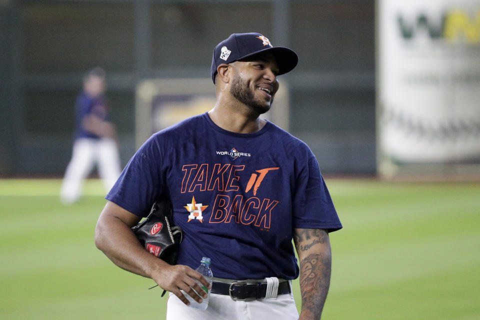 Houston Astros relief pitcher Josh James smiles during a practice day for baseball's World Series Monday, Oct. 21, 2019, in Houston. The Houston Astros face the Washington Nationals in Game 1 on Tuesday. (AP Photo/Eric Gay)