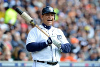 Miguel Cabrera #24 of the Detroit Tigers looks on against the Oakland Athletics during Game Two of the American League Division Series at Comerica Park on October 7, 2012 in Detroit, Michigan. (Photo by Jason Miller/Getty Images)