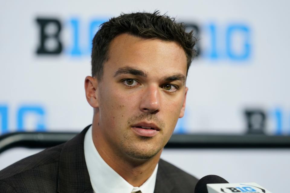 Michigan State quarterback Payton Thorne talks to reporters during the Big Ten media days on Wednesday, July 27, 2022, in Indianapolis.