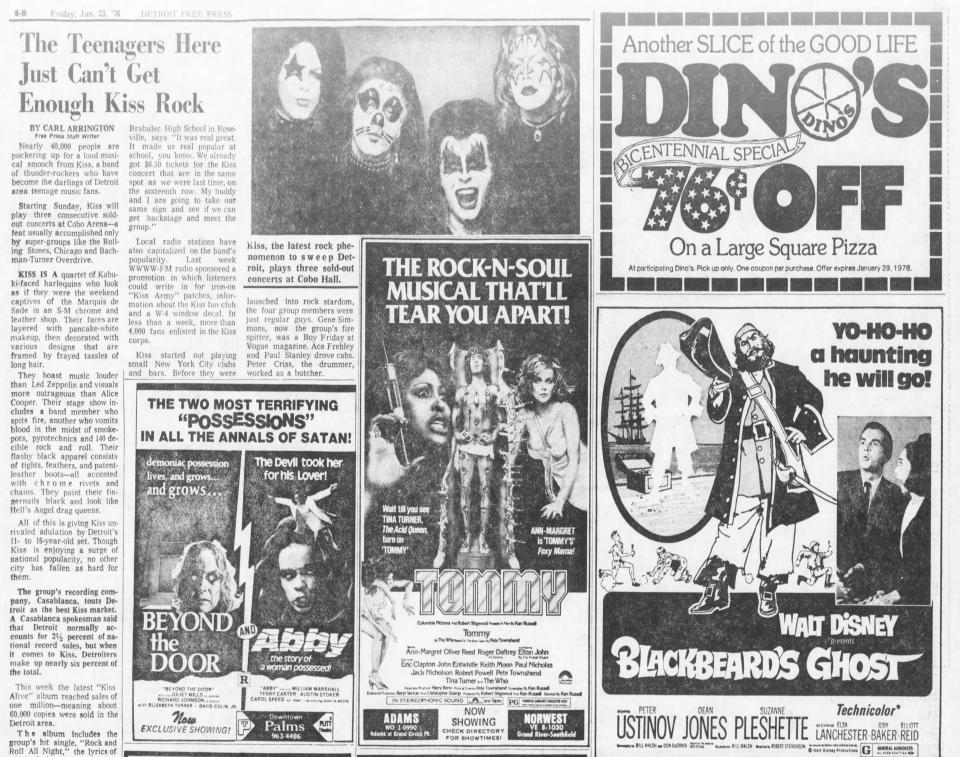 A three-night Cobo Arena stand by Kiss in January 1976 is previewed in the Detroit Free Press: "The Teenagers Here Just Can't Get Enough Kiss Rock."