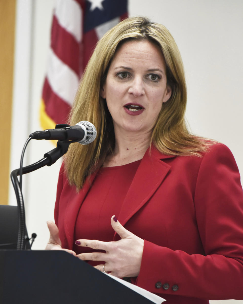 Michigan Secretary of State Jocelyn Benson speaks at a conference with local election and law enforcement officials Wednesday, April 10, 2024, in Traverse City, Mich. The Committee for Safe and Secure Elections, formed after the 2020 presidential election, is traveling the country helping election workers prepare for what could lie ahead. Benson, whose office helped sponsor and coordinate the Traverse City training and who also has endured numerous threats, said it's imperative for law enforcement and election officials to work together to ensure a smooth election in November. (AP Photo/John L. Russell)