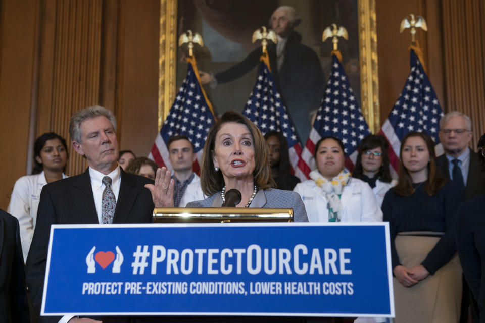 FILE - In this March 26, 2019 file photo, Speaker of the House Nancy Pelosi, D-Calif., joined at left by Energy and Commerce Committee Chair Frank Pallone, D-N.J., speaks at an event to announce legislation to lower health care costs and protect people with pre-existing medical conditions, at the Capitol in Washington. If former President Barack Obama’s health law is struck down entirely, Congress would face an impossible task: pass a comprehensive health overhaul to replace it that both Speaker Nancy Pelosi and President Donald Trump can agree to. The failed attempt to repeal “Obamacare” in 2017 proved to be toxic for congressional Republicans in last year’s midterm elections and they are in no mood to repeat it. (AP Photo/J. Scott Applewhite, File)