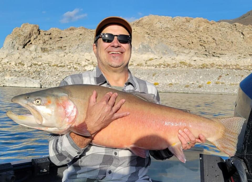 Klay Gustin caught and released this huge Lahontan cutthroat trout weighing 31 pounds, 4 ounces while fishing at Pyramid Lake on Oct. 5.
