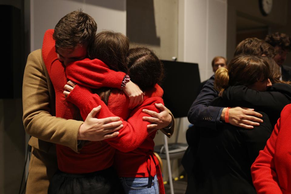 Supporters of Labour candidate Alistair Strathern celebrate the Mid Bedfordshire by-election win on 20 October 2023 in Shefford, England (Getty Images)