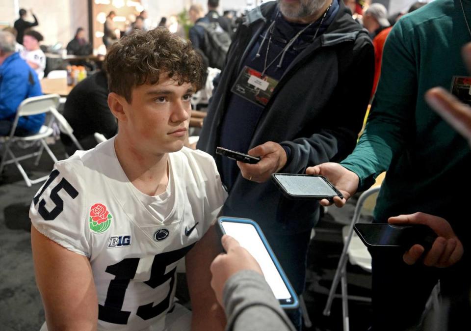 Penn State freshman quarterback Drew Allar listens to a question from reporters during the Rose Bowl media day on Saturday, Dec. 31, 2022 in Pasadena. It was the first Allar talked to the media this season.