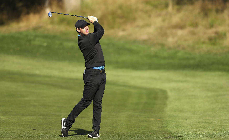 Northern Ireland's Rory McIlroy in action on day two of the PGA Championship at Wentworth Golf Club, England, Thursday Sept. 19, 2019. (Bradley Collyer/PA via AP)