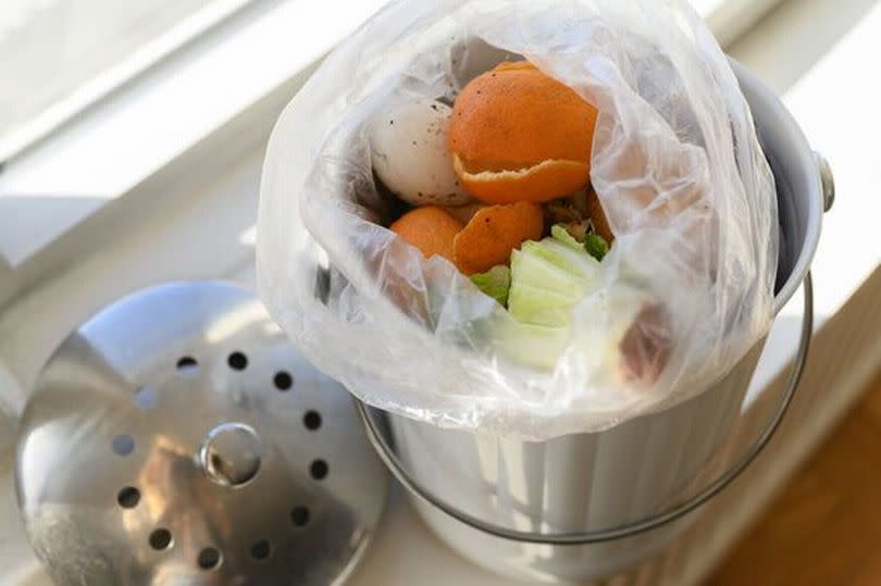 Orange peel in compost bin on windowsill