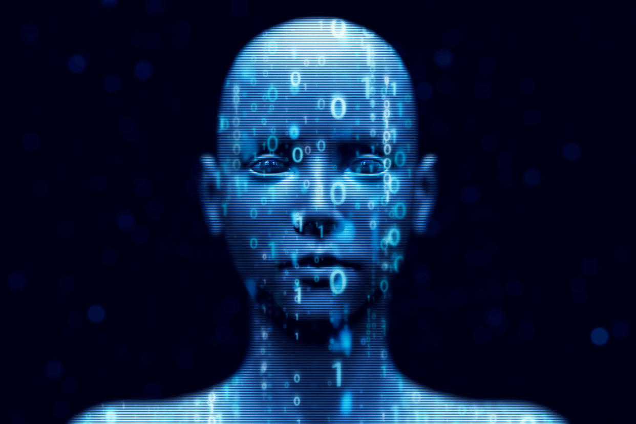 Stylized, futuristic image of human face with zeros and ones superimposed over it.