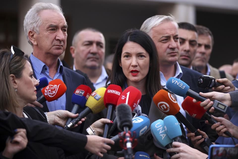 Jelena Trivic, of Party of Democratic Progress (PDP) addresses the media after submitting a request for a recount and cancellation of election for the President of the Republic of Srpska, in Sarajevo, Bosnia, Wednesday, Oct. 5, 2022. (AP Photo/Armin Durgut)