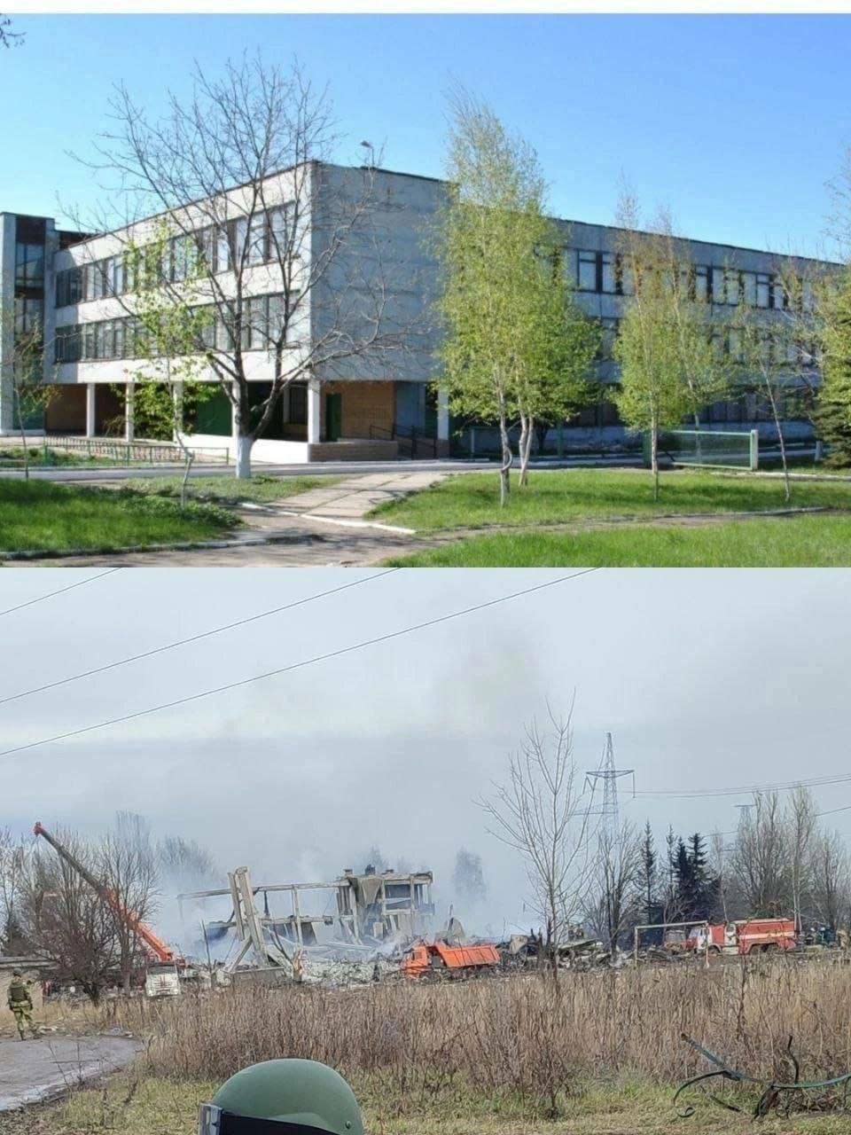 被俄軍佔領的馬克耶夫卡（Makiivka）第19職業學校，遇襲前後對比。   圖:翻攝自推特Michael MacKay (@mhmck) 