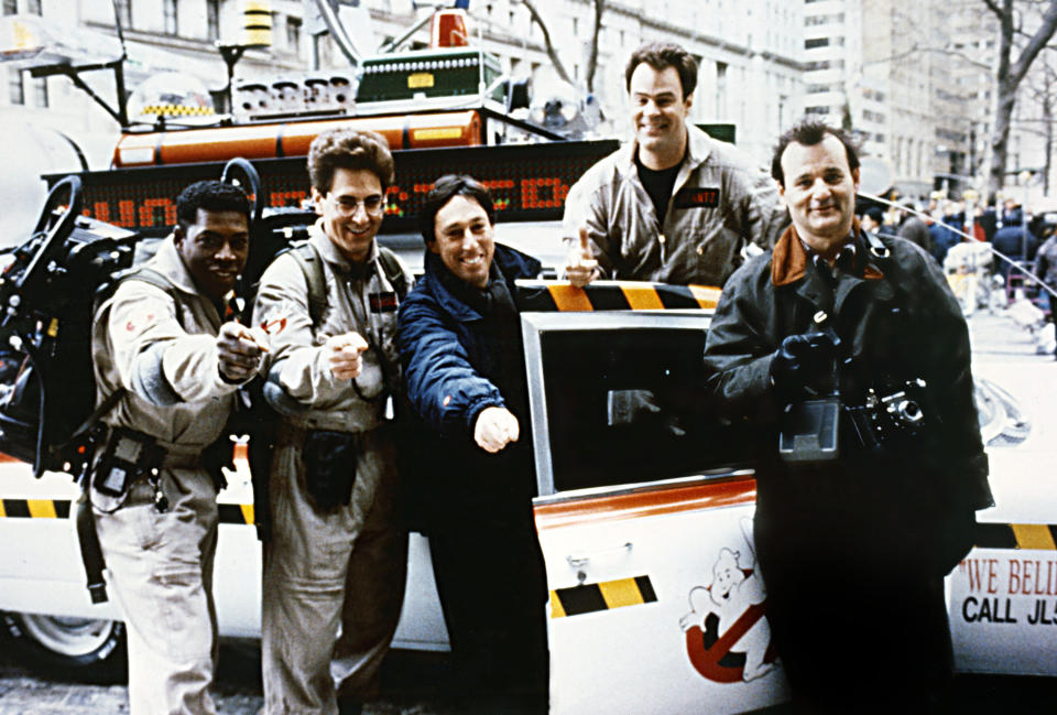 (L-R): Ernie Hudson, Harold Ramis, Ivan Reitman, Dan Aykroyd and Bill Murray on the set of "Ghostbusters II"