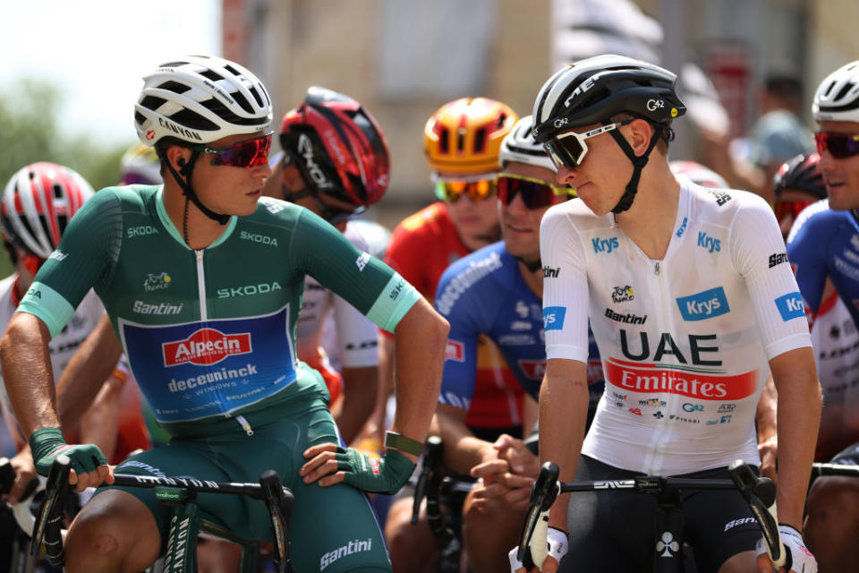 LIBOURNE FRANCE  JULY 08 LR Jasper Philipsen of Belgium and Team AlpecinDeceuninck  Green Points Jersey and Tadej Pogacar of Slovenia and UAE Team Emirates  White Best Young Rider Jersey prior to the stage eight of the 110th Tour de France 2023 a 2007km stage from Libourne to Limoges  UCIWT  on July 08 2023 in Libourne France Photo by Michael SteeleGetty Images